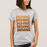 T-shirt Bonjour | Bonjour français en typographie marron g<br><div class="desc">Bonjour | Bonjour français en typographie marron groovy T-Shirt</div>