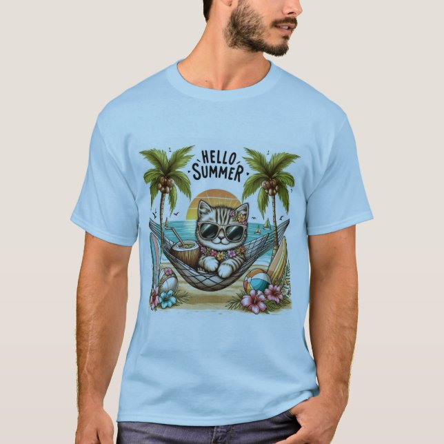 T-shirt Bonjour Chat de Plage d'Été (Devant)