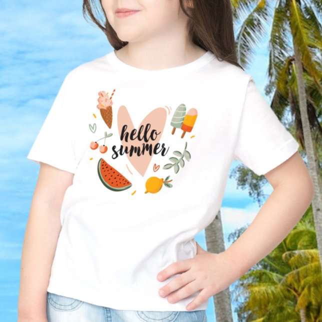 T-shirt Bonjour Citation d'été Coloré Jote Graphic Kids (In Context, Girl at the beach)