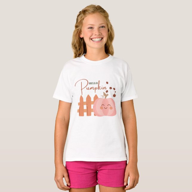 T-shirt Bonjour Citrouille Automne Rose (Devant entier)