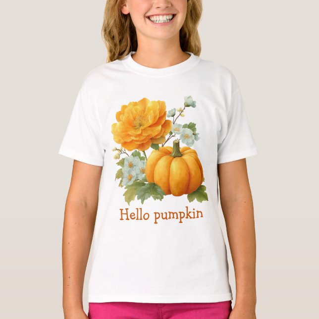 T-shirt Bonjour Citrouille Floral Halloween Design (Devant)