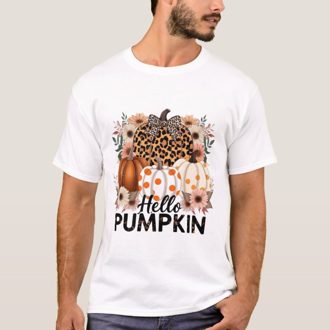 T-shirt Bonjour Citrouille Png, Boho Floral Fall Leopard (Devant)