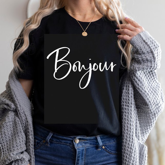 T-shirt Bonjour | Élégant et moderne script français noir (Créateur téléchargé)