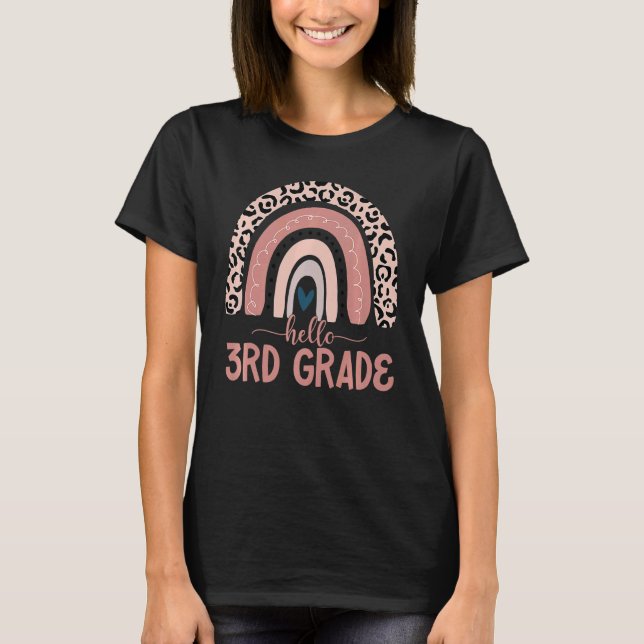 T-shirt Bonjour Enseignant de 3e année Leopard Rainbow Ret (Devant)