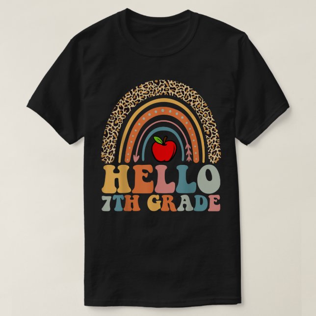 T-SHIRT BONJOUR ENSEIGNANT DE 7E ANNÉE LEOPARD RAINBOW RET (Design devant)