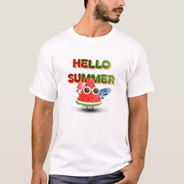 T-shirt Bonjour l'été Mignon Art de pastèque de plage (Devant)
