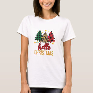 T-shirt Bonjour Noël Plaid Leopard Trees Nom personnalisé