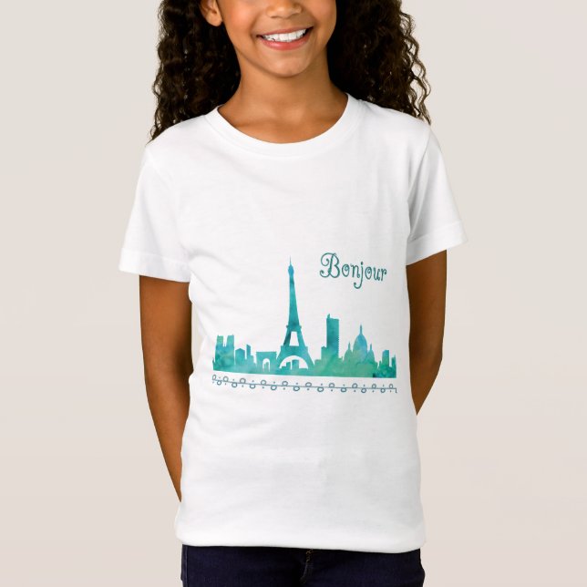 T-Shirt Bonjour Paris Aquarelle Silhouette (Devant)