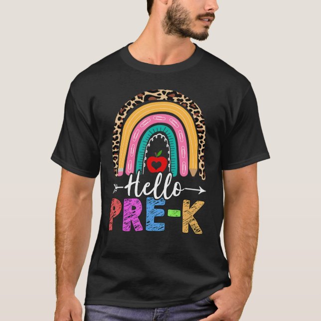 T-shirt Bonjour Pré K Enseignant Rainbow Leopard Retour À  (Devant)