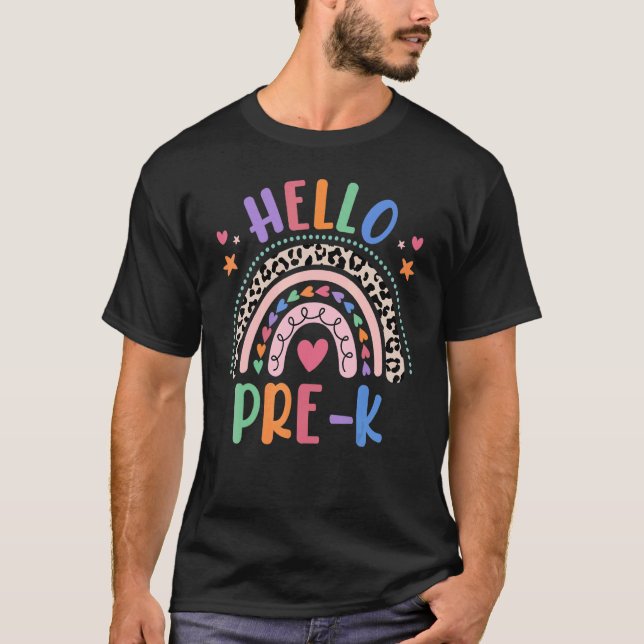 T-shirt Bonjour Pré K Grade Leopard Boho Rainbow 1er Jour  (Devant)