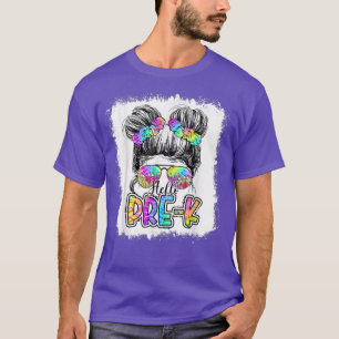 T-shirt Bonjour Pré-k Messy Bun Girls Tie Dye Cute Retour