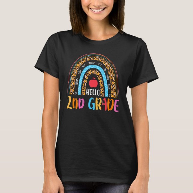 T-shirt Bonjour professeur de 2e année Léopard Arc-en-ciel (Devant)