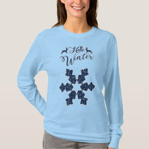 T-shirt Bonjour Vacances d'hiver Blue Snowflake Motif