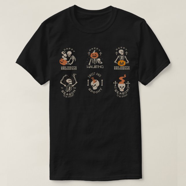 T-shirt Bonne Chasse avec squelettes éffrayants et citroui (Design devant)