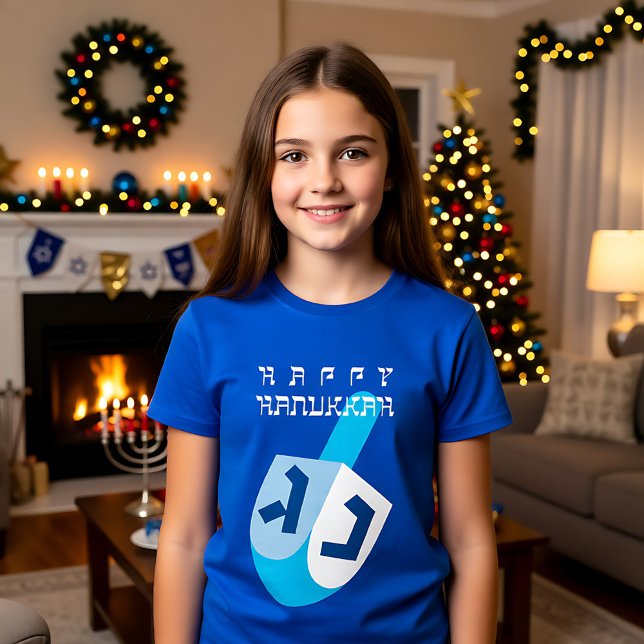 T-shirt Bonne Hanoukka 2 avec bleu Dreidel (Happy Hanukkah 2 with blue Dreidel T-Shirt)