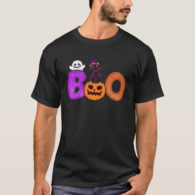 T-shirt Boo Cat Pumpkin Halloween Ghost Costume Leopard (Devant)