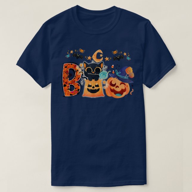 T-shirt Boo Chat noir Halloween Citrouille Sorcière Casque (Design devant)