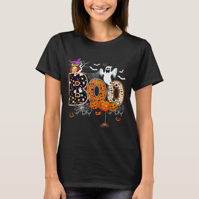 T-shirt Boo Creepy Owl Pumpkin Ghost Halloween Men Women K (Devant)