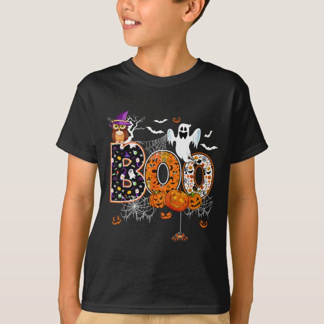 T-shirt Boo Creepy Owl Pumpkin Ghost Halloween Men Women K (Devant)