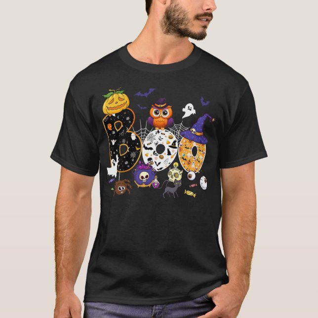 T-shirt Boo Creepy Owl Pumpkin Ghost Halloween Men Women K (Devant)
