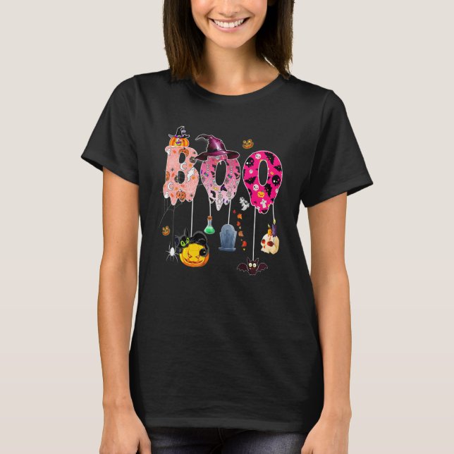 T-shirt Boo Halloween Costume Spiders Ghosts Pumpkin & Wit (Devant)
