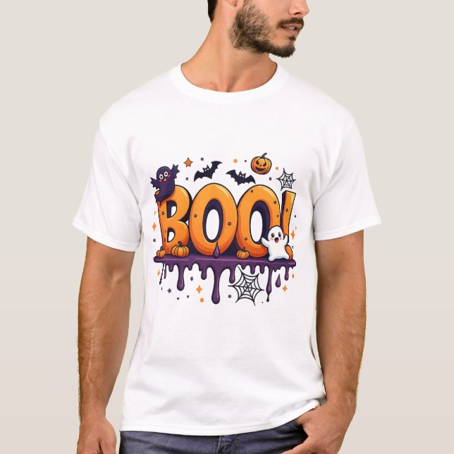T-shirt BOO Halloween lettres de goutte avec des fantômes, (Devant)