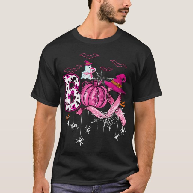 T-shirt Boo Halloween Pumpkin Pink Ribbon Witch Breast  (Devant)