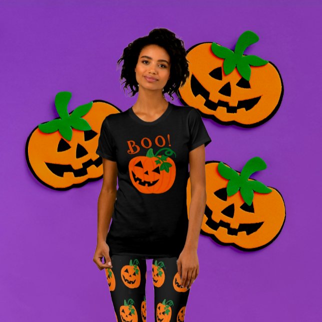 T-shirt Boo Jack-o'-lantern personnalisé orange noir (Be scary cute with this
 jack-o'-lantern black T-shirt. Matching leggings also available!)