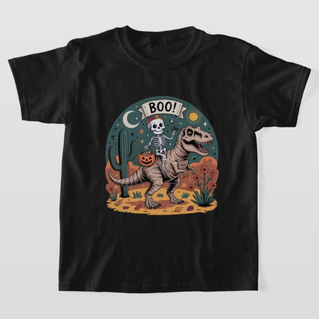 T-shirt Boo ! Skeleton équitation Dinosaure avec bonbon (Poser)