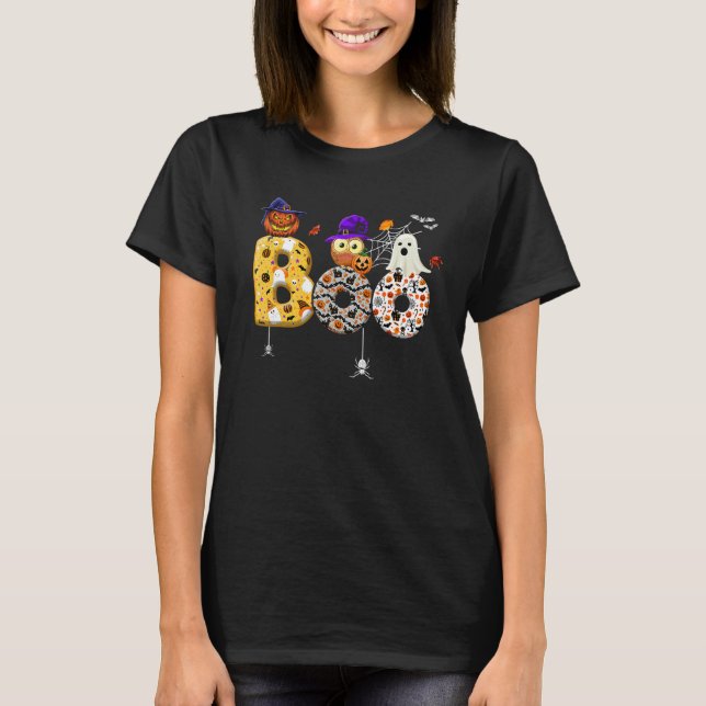T-shirt Boo With Spiders And Pumpkin Witch Hat Cute Ghost  (Devant)