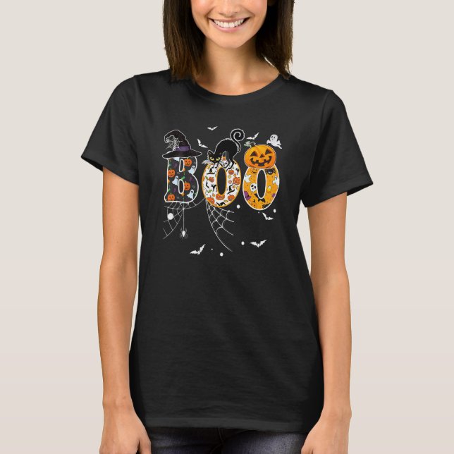 T-shirt Boo With Spiders And Witch Hat Black Cat Pumpkin H (Devant)