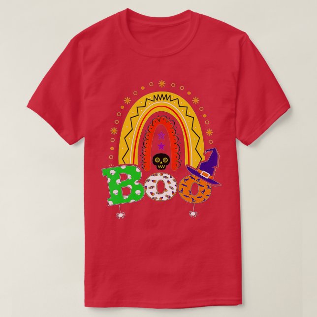 T-shirt Boo With Spiders And Witch Hat Halloween Rainbow,  (Design devant)