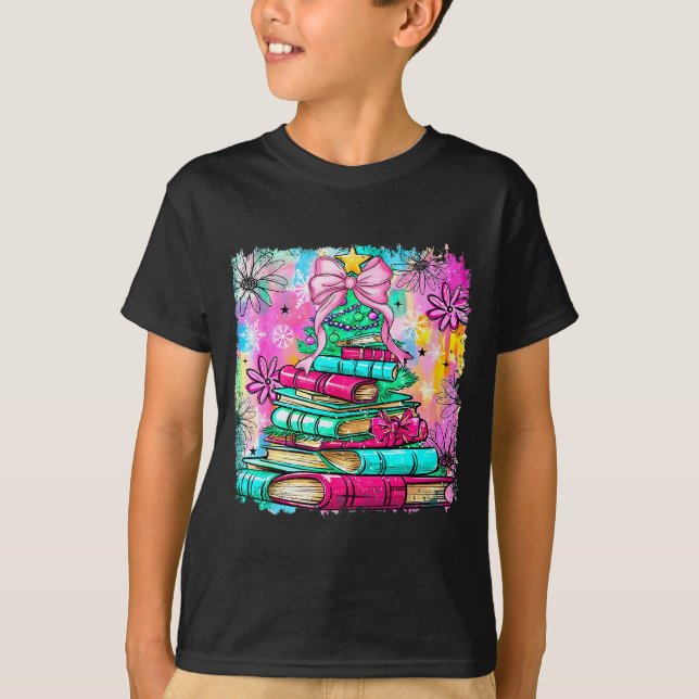 T-shirt Book Christmas Tree Lights Teacher Librarian Book  (Devant)
