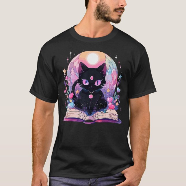 T-shirt Book Lover Crystal Witchy Cute Black Cat Kawaii Pa (Devant)
