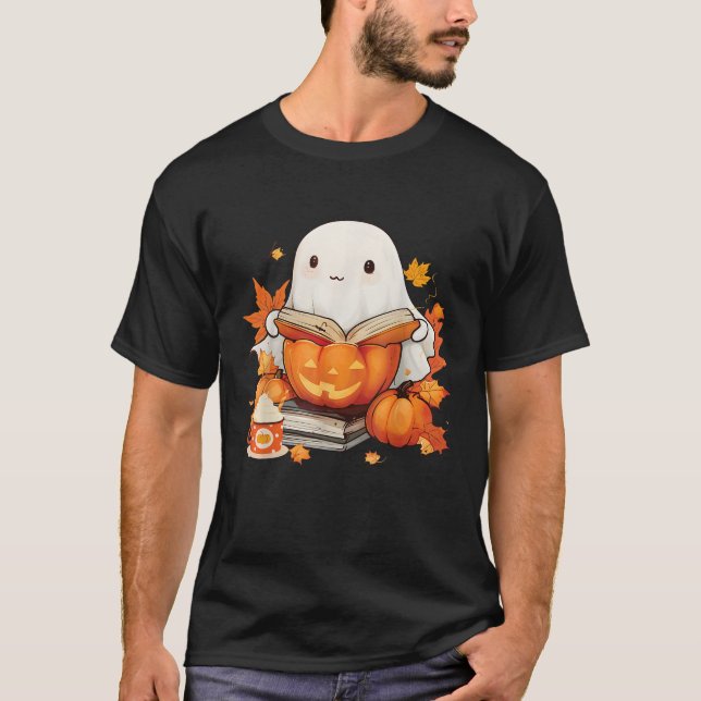 T-shirt Bookish Bookish Ghost Reading Book Citrouille (Devant)