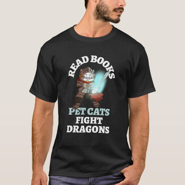 T-shirt Books Cats Dragons Funny Knight (Devant)