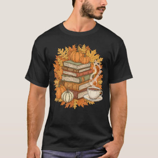 T-shirt Books Coffee Fall Leaves And Pumpkins Vintage Libr