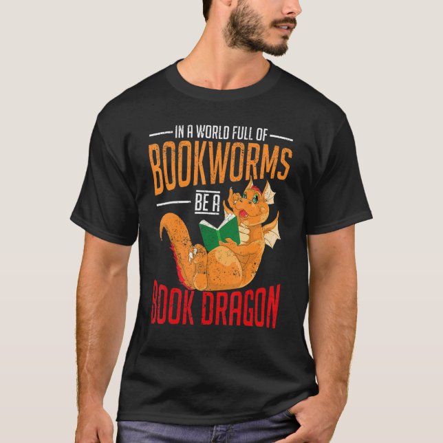 T-shirt Bookworm Book Dragon Librarian Fantasy Animal Read (Devant)