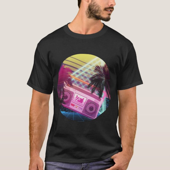 T-shirt Boombox rose Funky des années 80 avec palmiers (Devant)