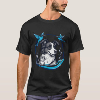 T-shirt Border Collie avec Loutre et Oiseaux Bleus