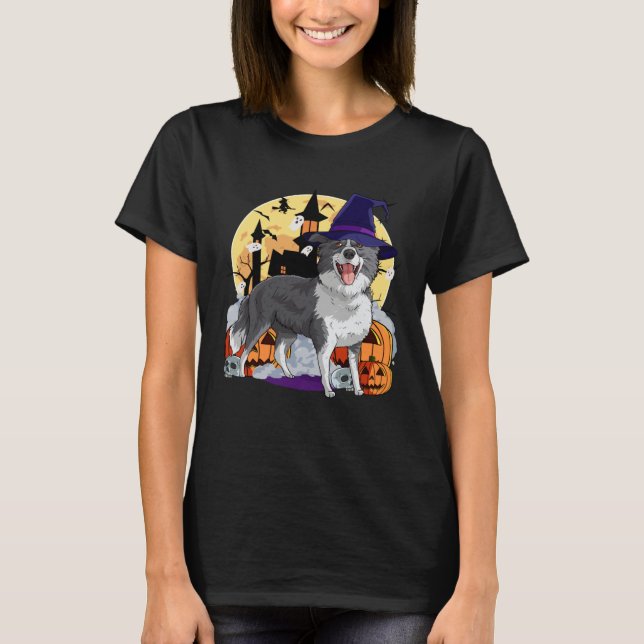 T-shirt Border Collie Cute Dog Halloween Witch Pumpkin (Devant)