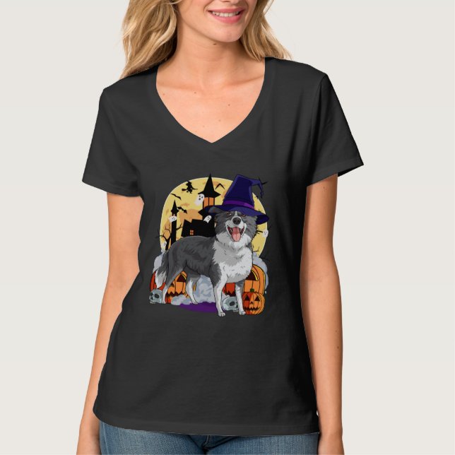 T-shirt Border Collie Cute Dog Halloween Witch Pumpkin (Devant)