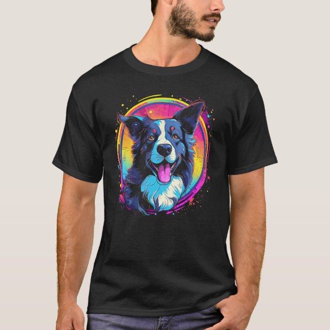 T-shirt Border Collie Dog Australian Shepherd 80s Retrowav (Devant)