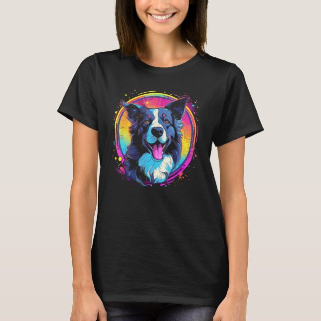T-shirt Border Collie Dog Australian Shepherd 80s Retrowav (Devant)