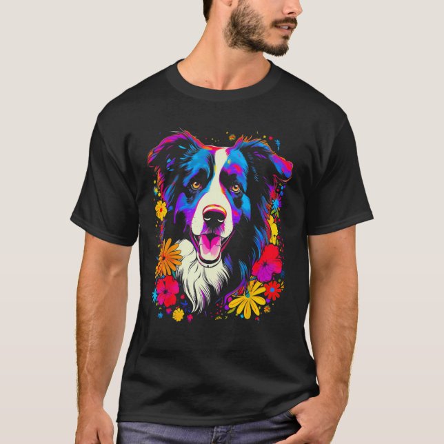 T-shirt Border Collie Dog Love Flowers (Devant)