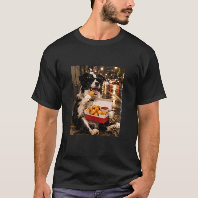 T-shirt Border Collie Mangeant un Nugget de Poulet Mème Ré (Devant)