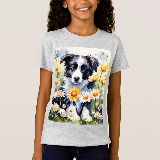 T-Shirt Border Collie Puppy Daisy Flower Girls T Shirt (Devant)