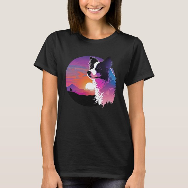 T-shirt Border Collie Synthwave 80s Retrowave Aesthetic (Devant)