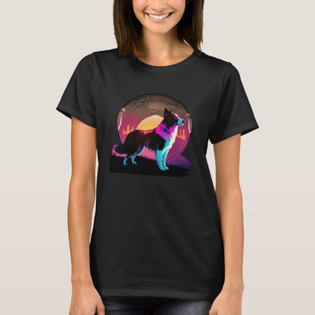 T-shirt Border Collie Synthwave 80s Retrowave Aesthetic (Devant)
