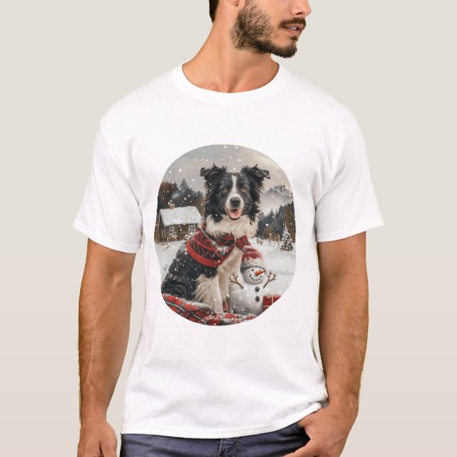 T-shirt Bordure de Noël Collie Chien Snowman (Devant)